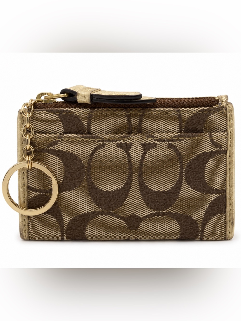 Coach Brown Signature Canvas Card Holder with Gold Leather